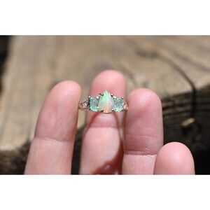 Opal and emerald ring, raw stone rings, alternative engagement ring size 7 Ameri